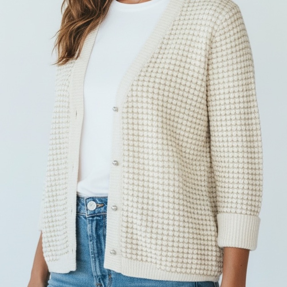 ZARA Knit Girls Cream & Gold Sweater Cardigan Large Pearl Buttons Kids Youth